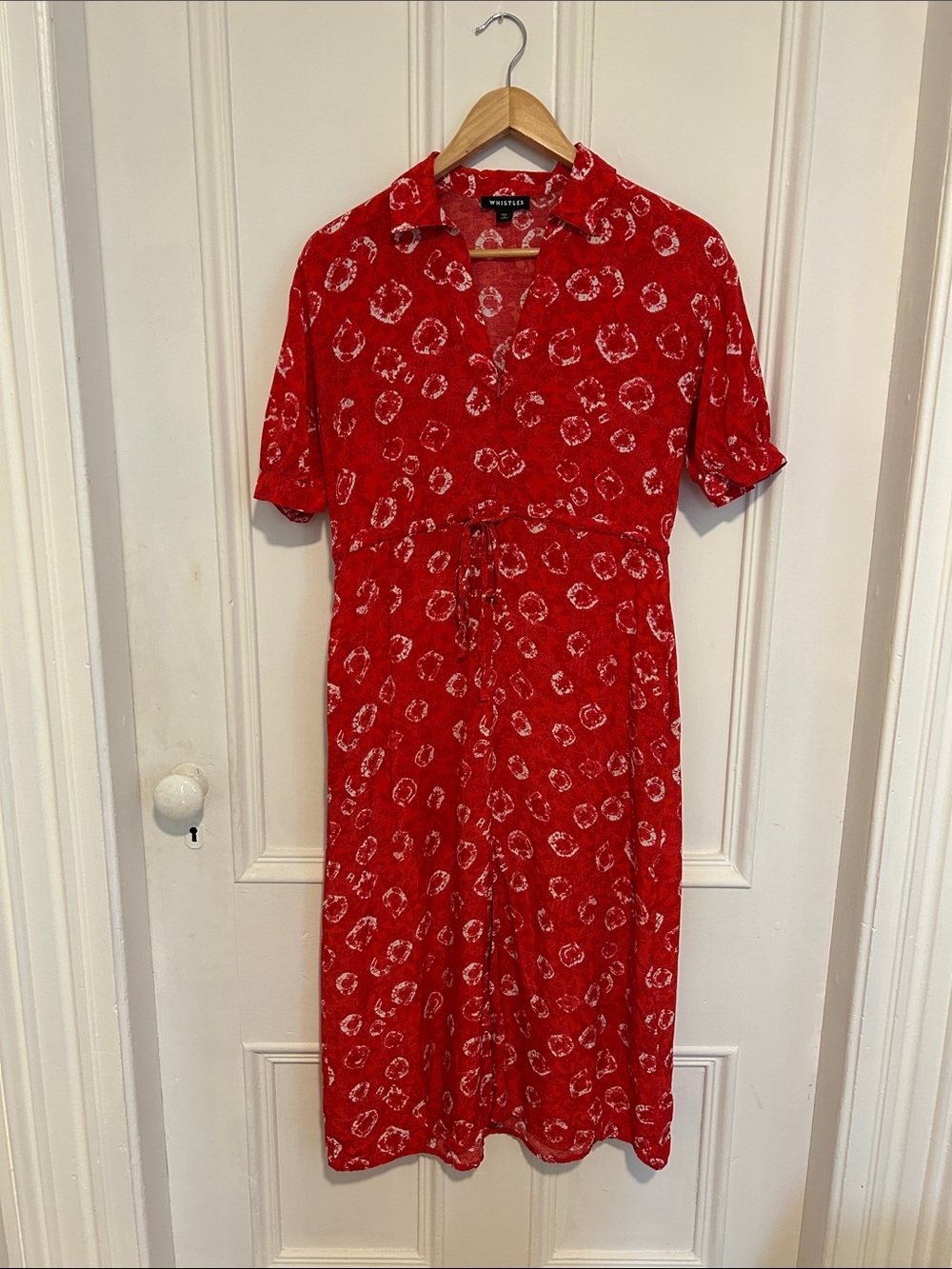 Whistles Red Midi Dress with White Spot Pattern and pockets